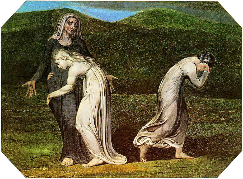 William Blake's watercolor of Naomi entreating Ruth and Orpah on the road from Moab, Orpah turning back while Ruth clings to Naomi.