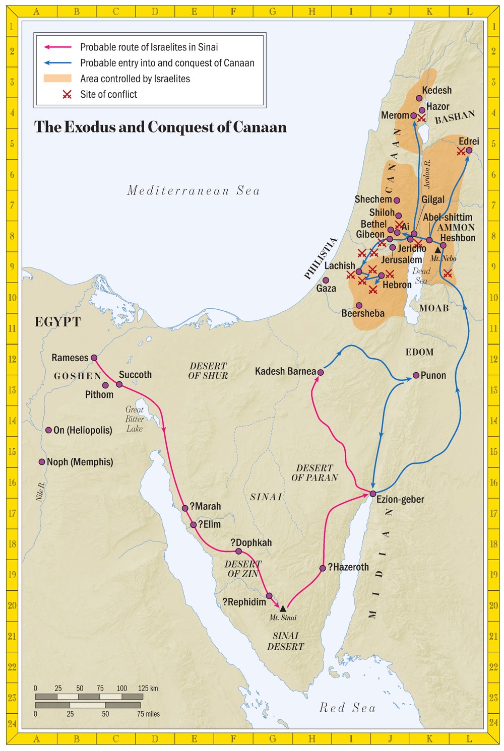 Map of the Exodus from Egypt and the conquest of Canaan under Joshua