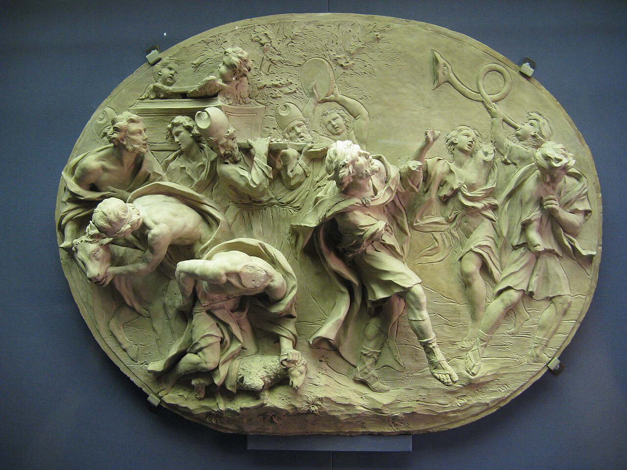 An illustration of King David dancing with all his might before the ark of the covenant as it is carried into Jerusalem.