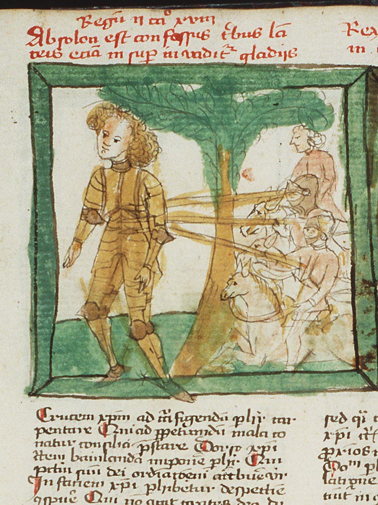 An engraving of Absalom caught by his hair in the branches of an oak as Joab's men approach.
