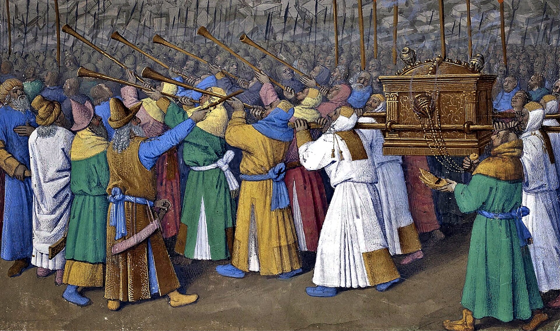 Medieval illumination of Israelite priests carrying the Ark and blowing trumpets around Jericho