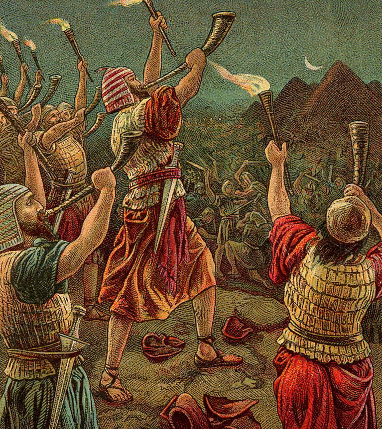 An illustration of Gideon and his three hundred men with torches and trumpets surprising the Midianite camp by night.