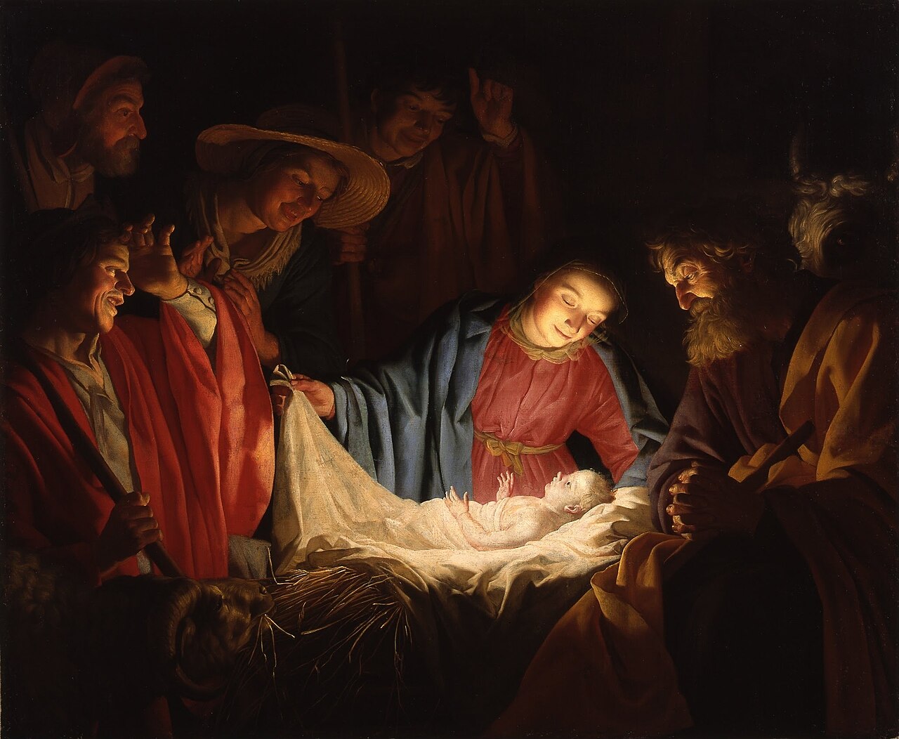 Gerard van Honthorst's candlelit Adoration of the Shepherds, light radiating from the newborn Christ as Mary, Joseph, and shepherds look on.