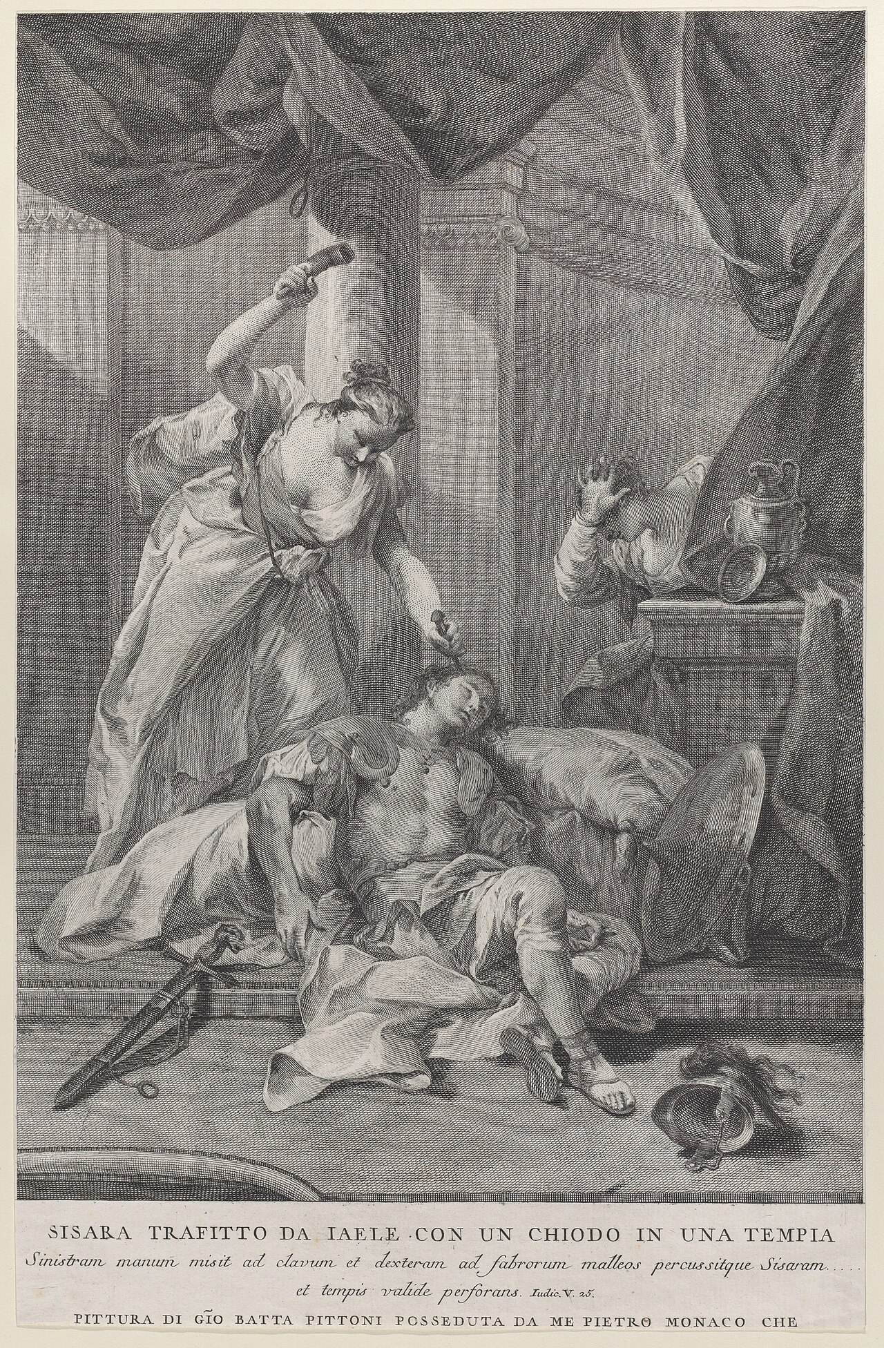 An engraving of Jael standing over the sleeping Canaanite commander Sisera in her tent, about to drive a tent peg through his temple.
