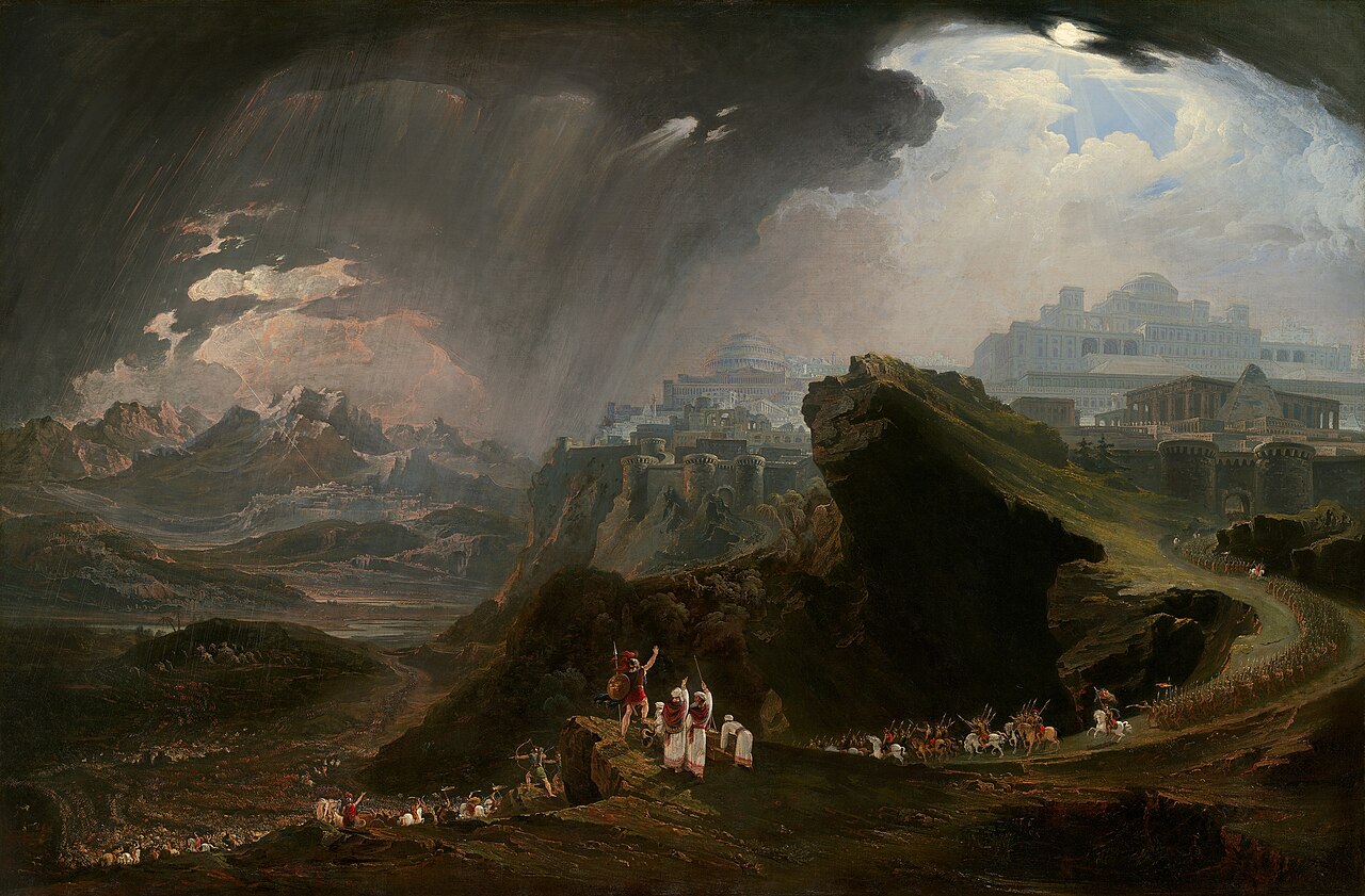 John Martin's dramatic panoramic painting of Joshua commanding the sun to stand still over a vast, storm-lit battlefield at Gibeon.