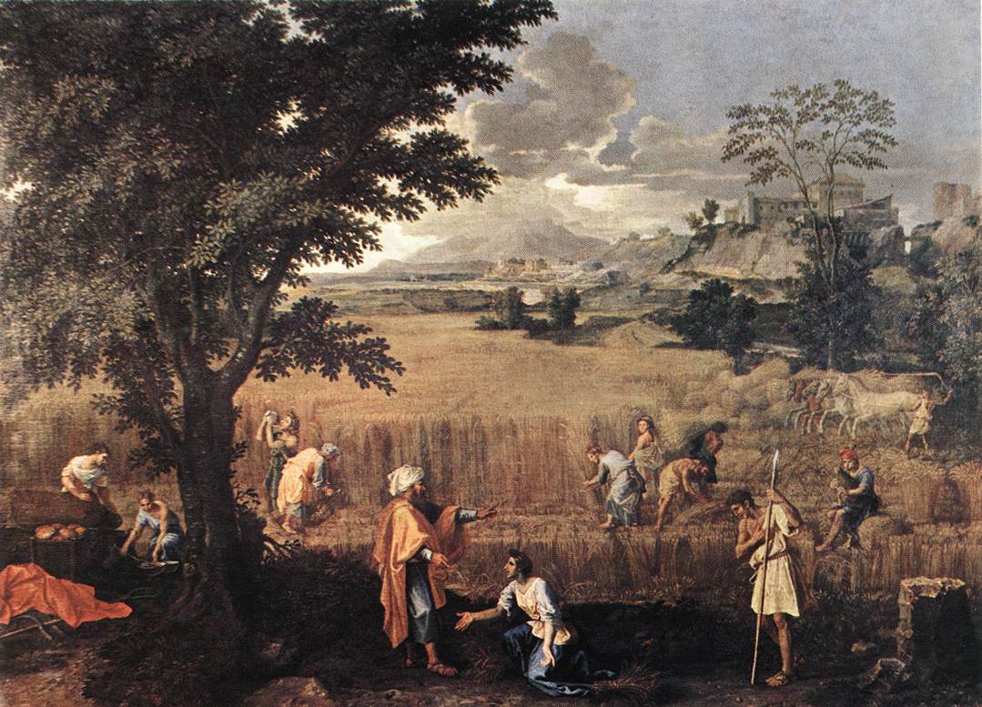 Nicolas Poussin's painting Summer, showing Ruth kneeling before Boaz amid golden fields of harvesters and sheaves of grain.