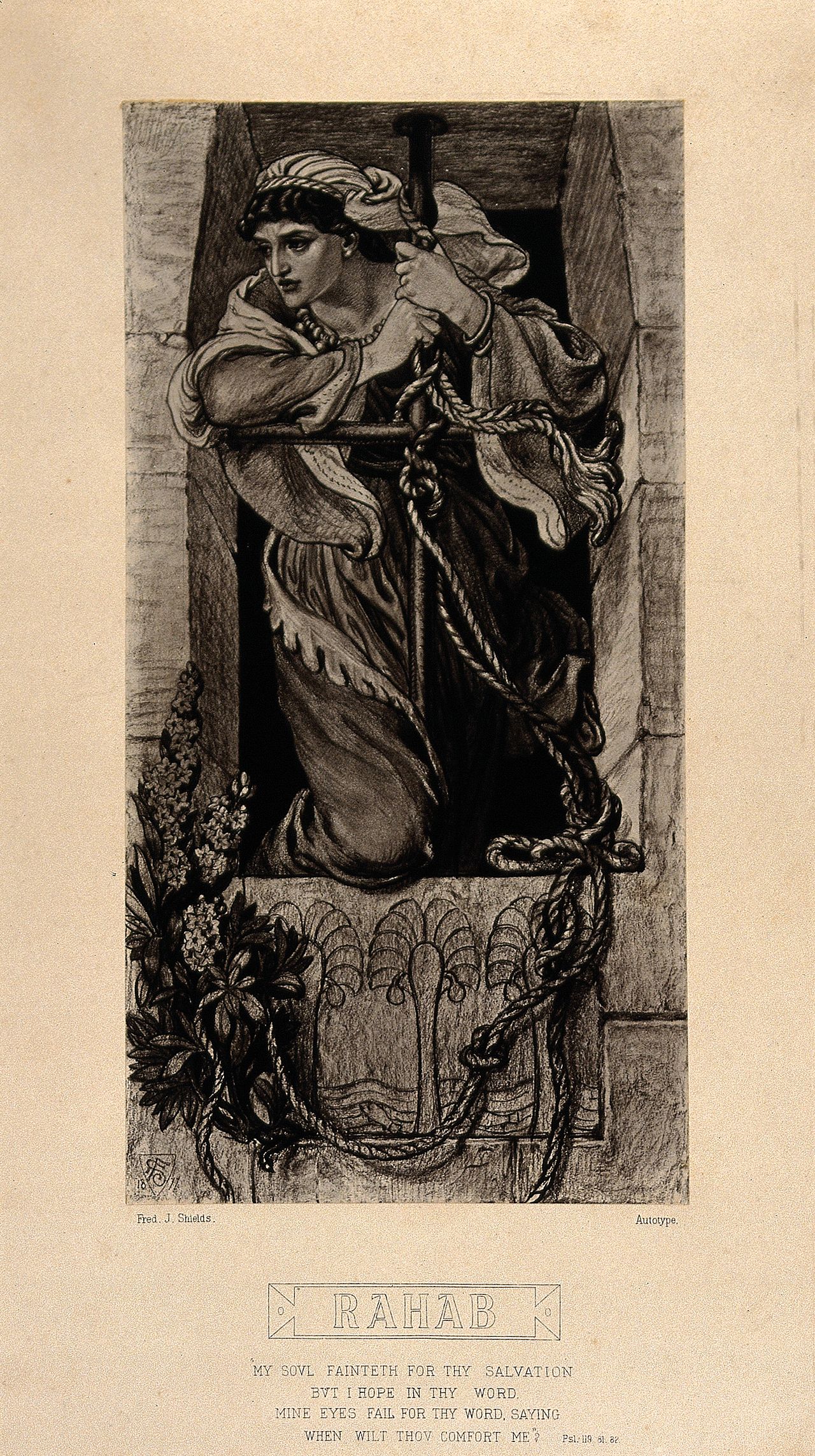 Rahab lowering the scarlet cord from her window in the wall of Jericho as the two Israelite spies escape.