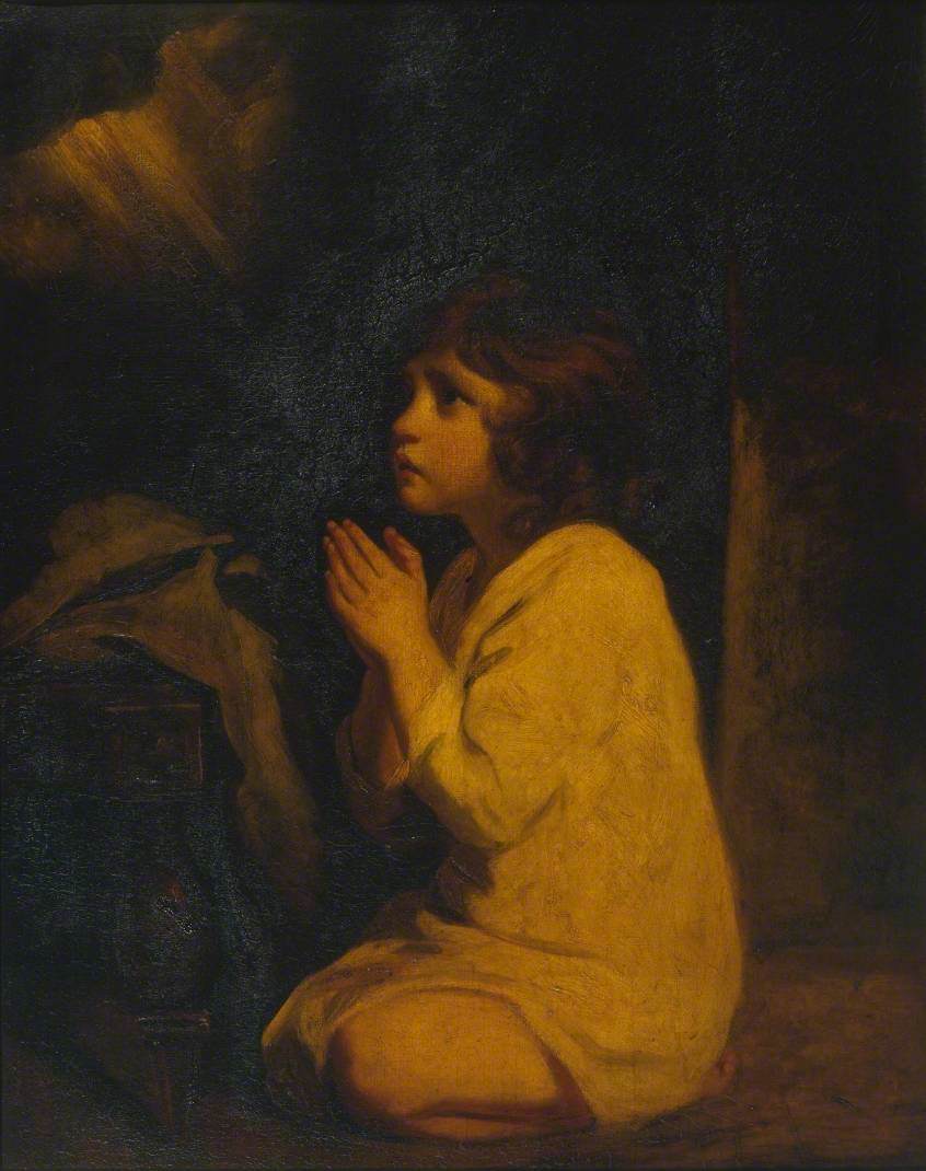 Joshua Reynolds's painting of the child Samuel kneeling in prayer at night, hands clasped, looking upward.