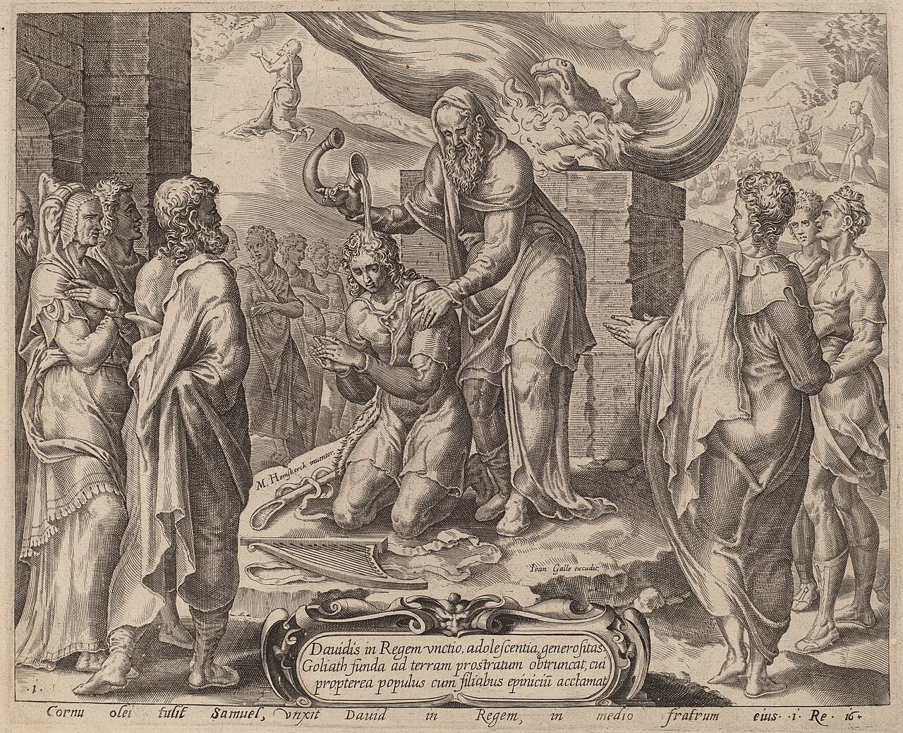 A painting of the prophet Samuel anointing the youthful David with oil among his older brothers.
