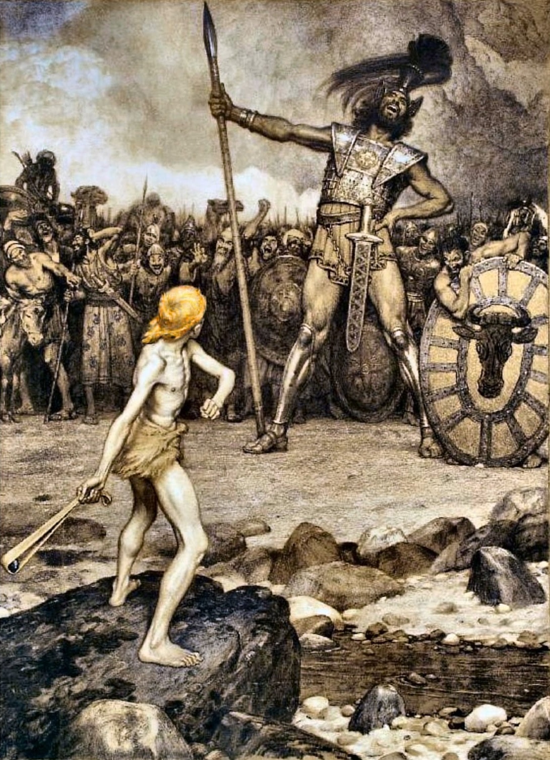 Osmar Schindler's painting of the boy David winding up his sling to face the towering armored Goliath.