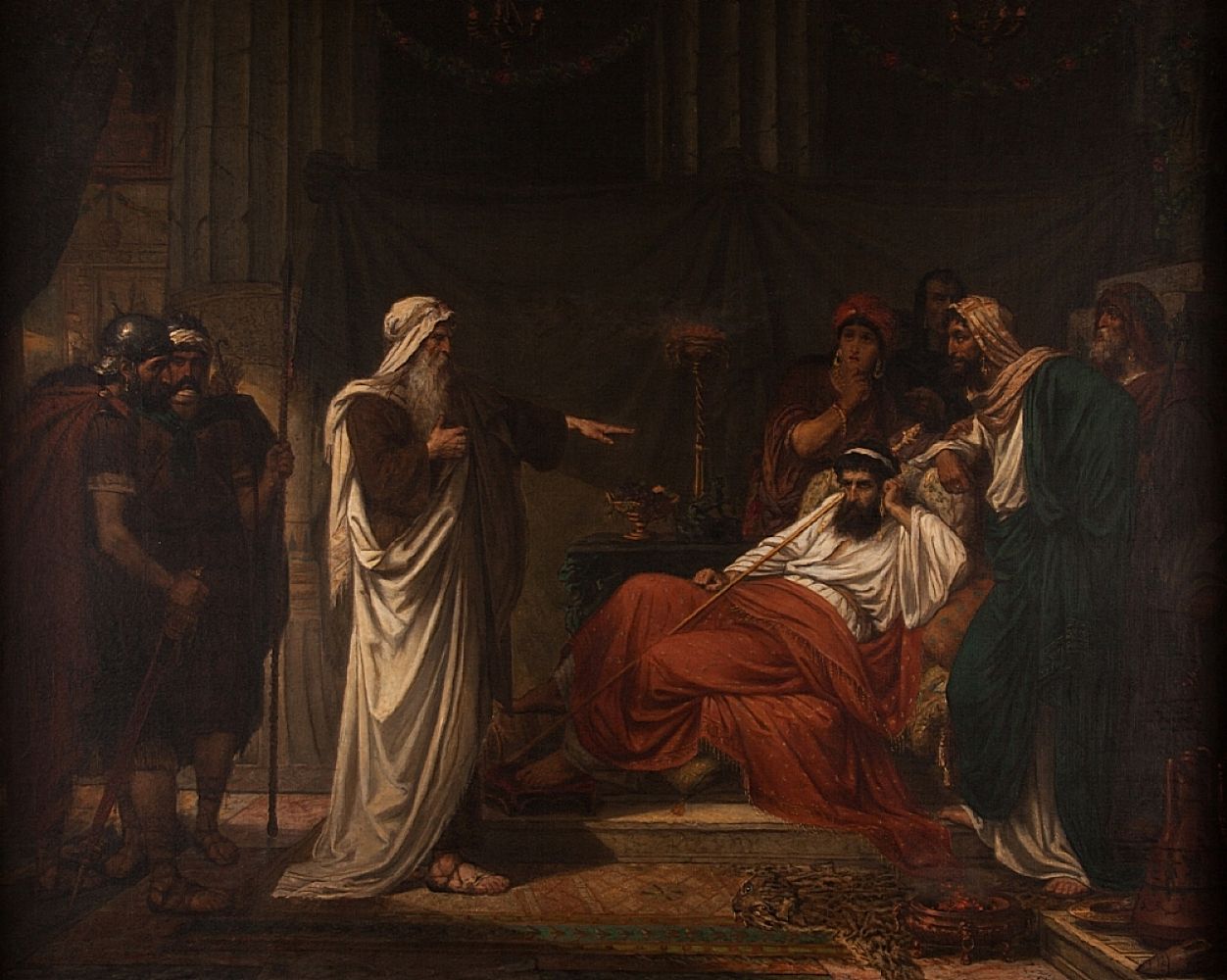 The prophet Nathan pointing in accusation at King David reclining on his couch