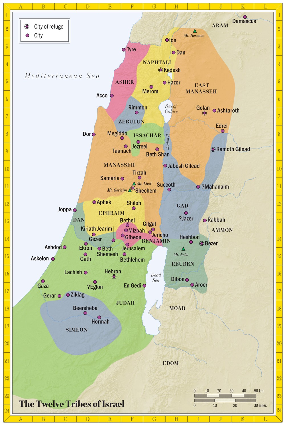 Map of the twelve tribal allotments of Israel, with the six cities of refuge marked