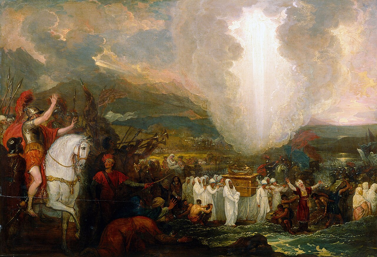 Benjamin West's painting of Israel crossing the Jordan on dry ground, the priests bearing the ark of the covenant as the waters heap up behind them.