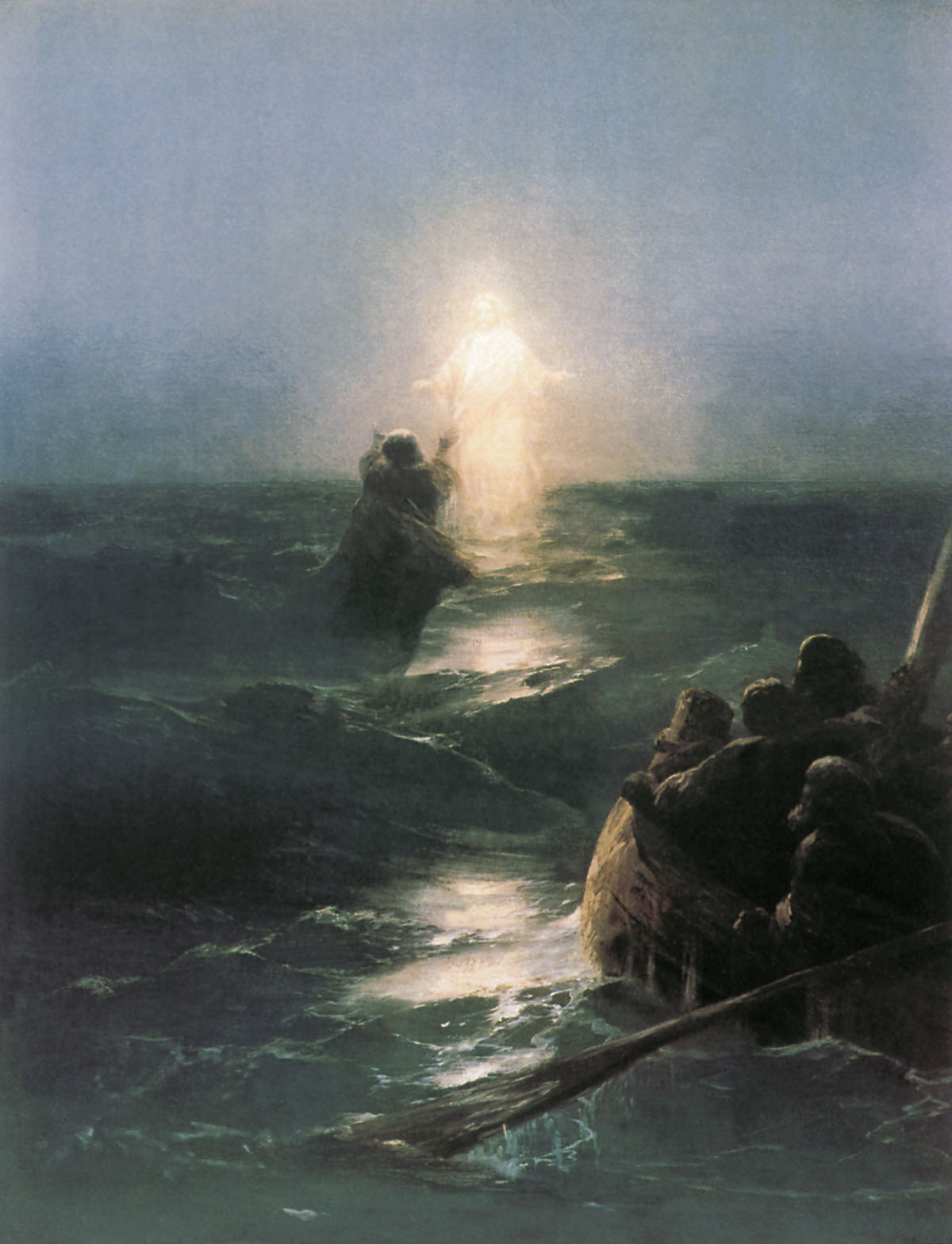 Ivan Aivazovsky's luminous seascape of Christ walking across moonlit water toward a small boat of straining disciples.