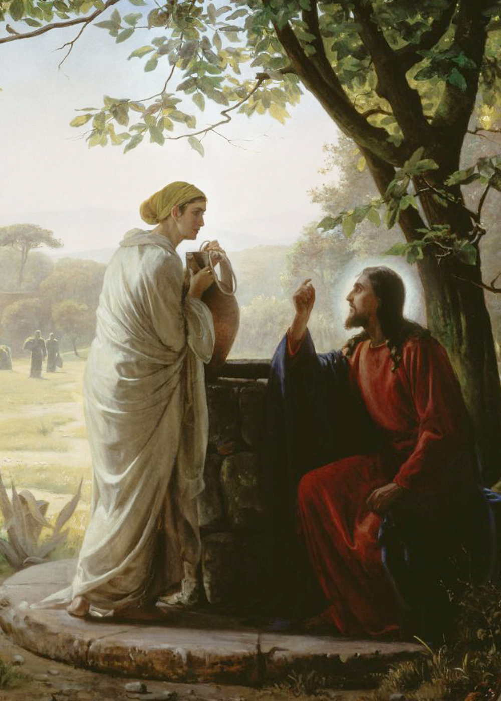 Carl Bloch's painting of Christ and the Samaritan woman at the well, the two in earnest conversation beside the stone wellhead.