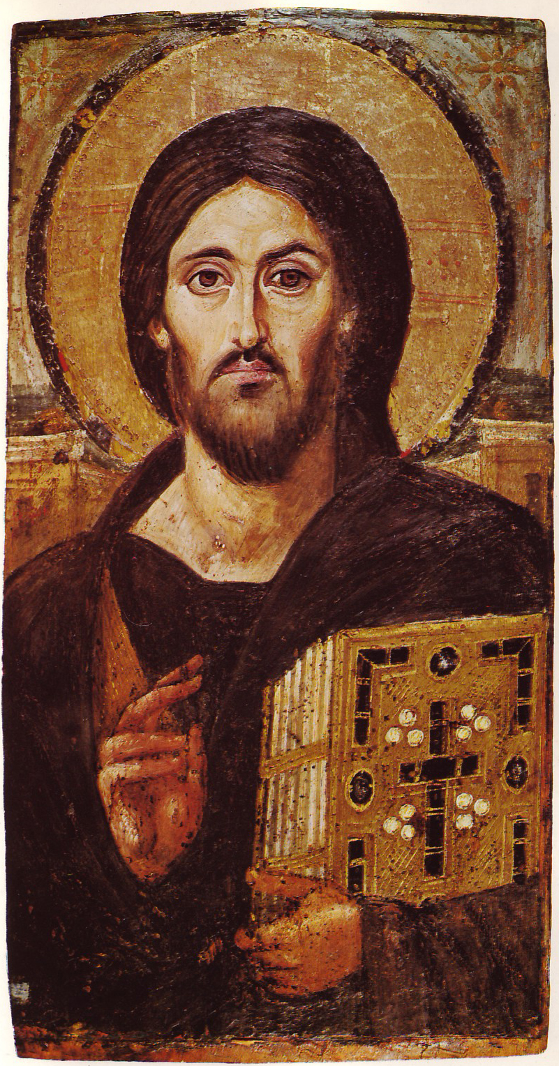 The ancient encaustic icon of Christ Pantocrator from Saint Catherine's Monastery at Sinai, Christ with a book, hand raised in blessing.