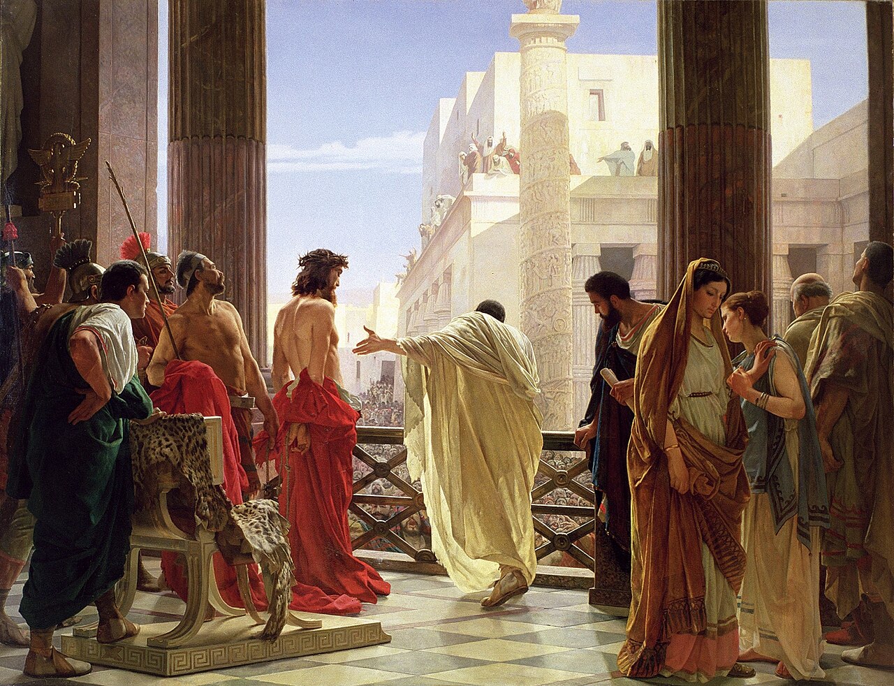 Antonio Ciseri's painting Ecce Homo: Pilate presenting the scourged Christ to the crowd from a balcony, seen from behind.