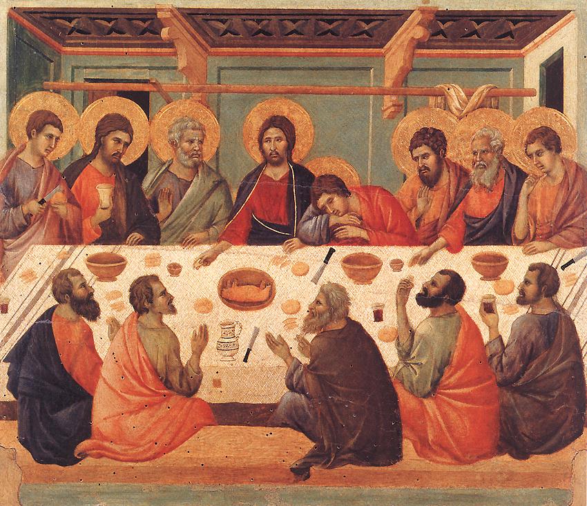 Duccio's medieval panel of the Last Supper, Christ and the twelve gathered around a table.