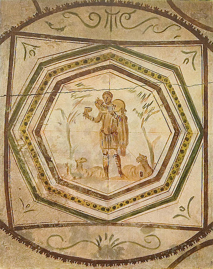 An early Christian catacomb fresco of the Good Shepherd, a young man carrying a lamb across his shoulders.
