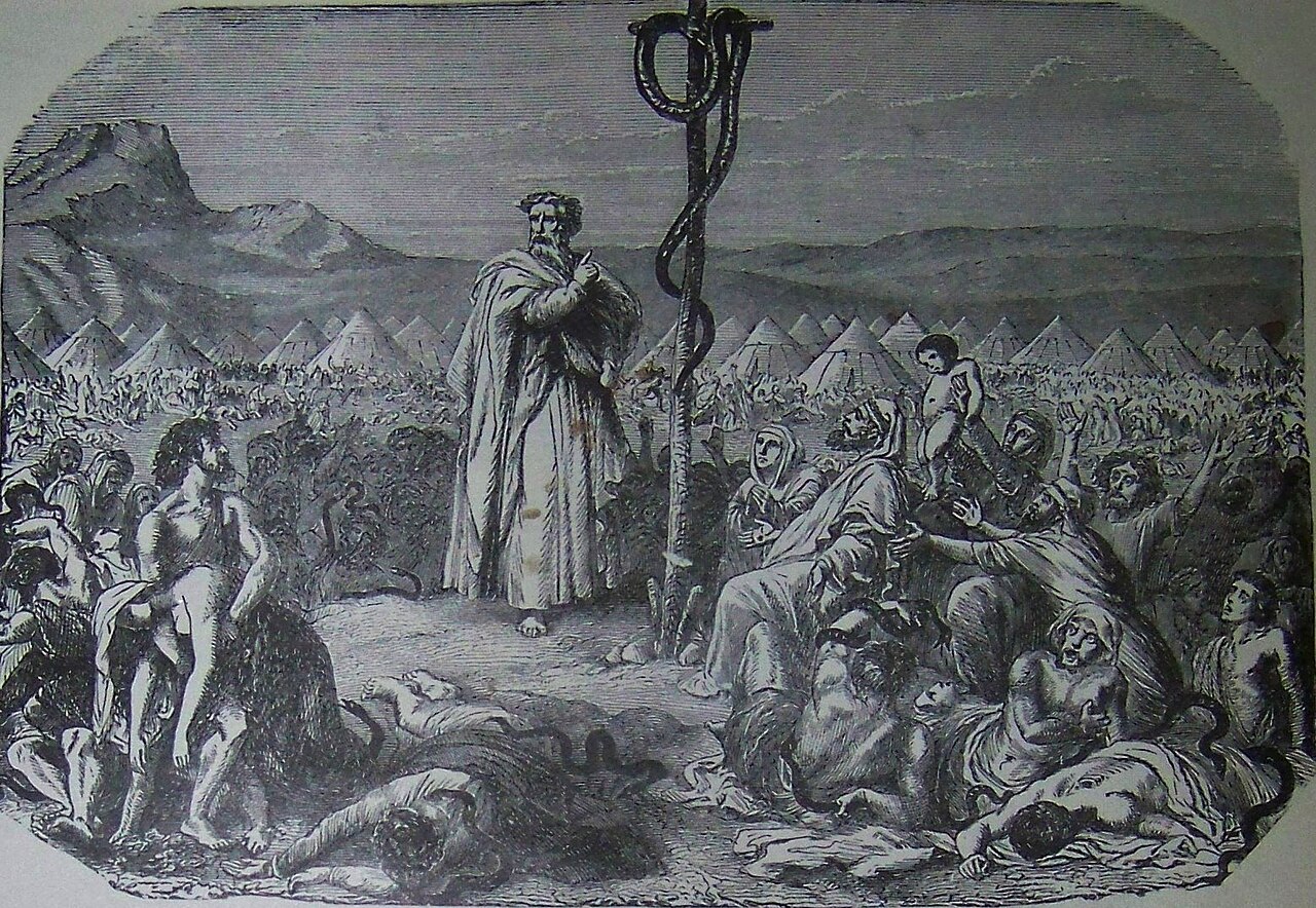 An engraving of Moses standing robed beside the bronze serpent raised on a pole, the stricken people of the camp turning to look toward it and be healed.