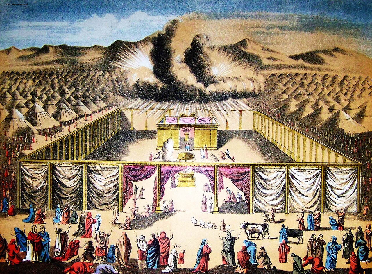 Illustration of the Israelite tabernacle in the wilderness: the tent of meeting standing within its curtained courtyard on the desert plain.