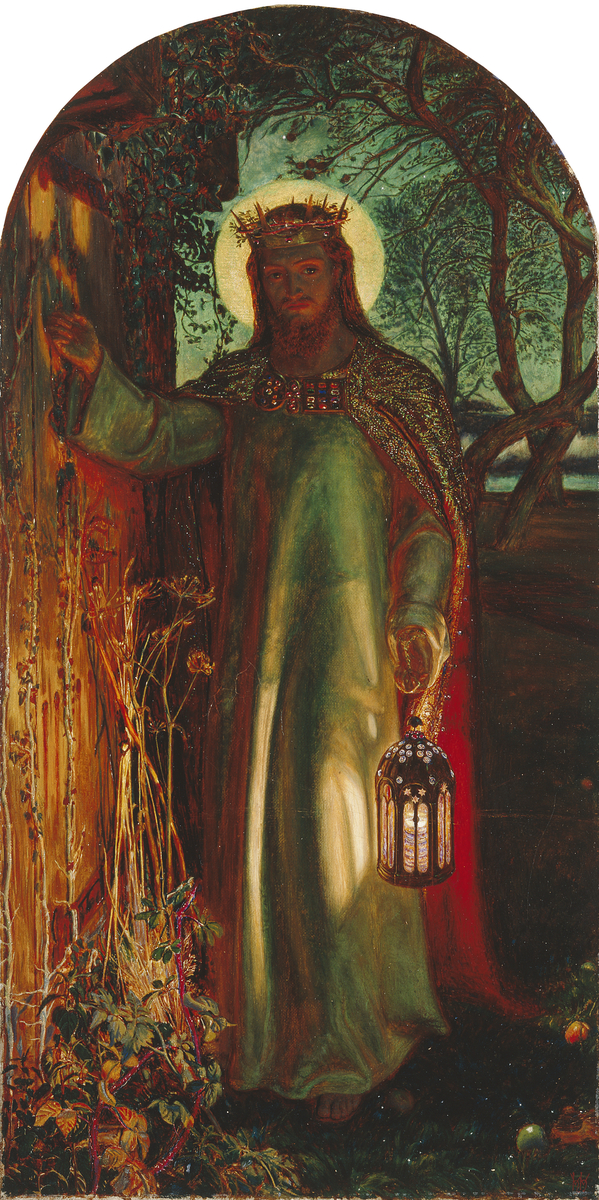 William Holman Hunt's painting of Christ as the Light of the World, standing at an overgrown door with a lantern, knocking.