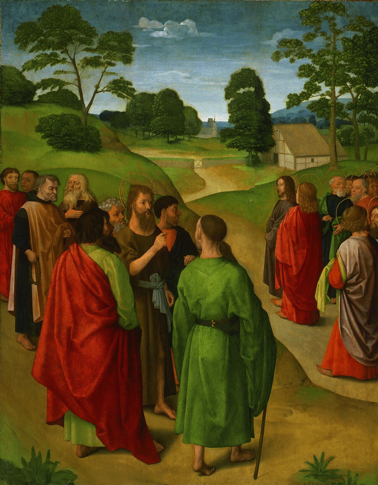 A late-medieval painting of John the Baptist in the wilderness, gaunt and robed in camel hair, pointing toward a lamb.