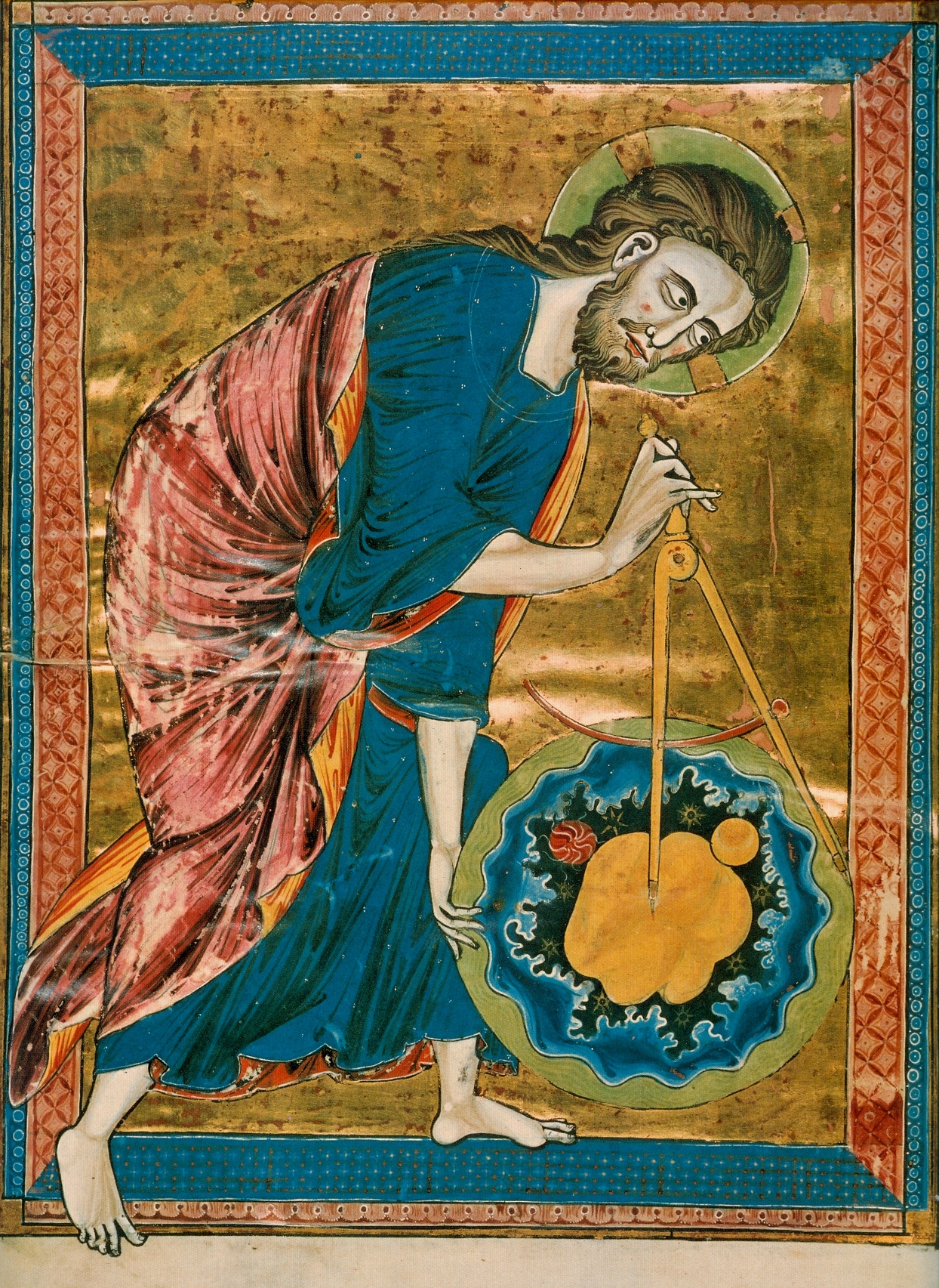 Medieval illumination of God as architect bending with a compass to shape the circular cosmos