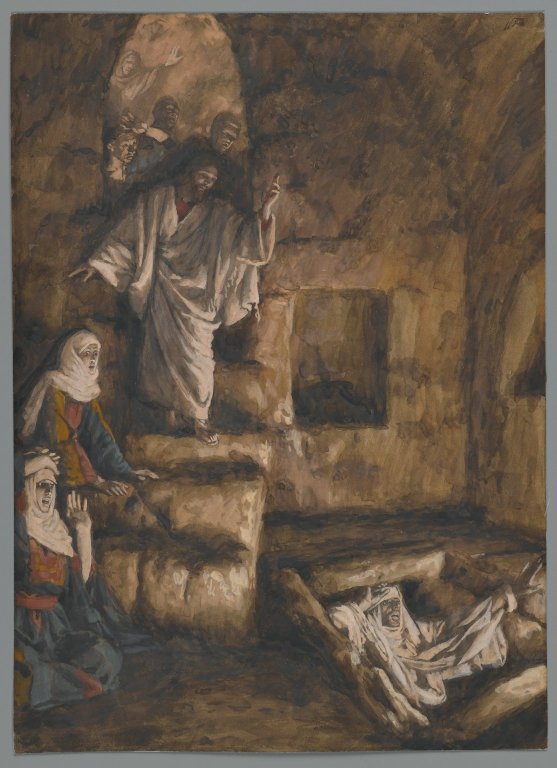 James Tissot's painting of the raising of Lazarus, the shrouded figure at the tomb before the crowd.