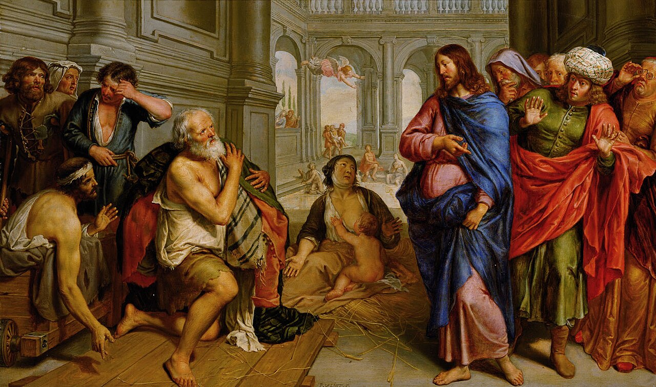 Pieter van Lint's painting of Christ healing the lame man at the pool of Bethesda, surrounded by the sick lying under the colonnades.
